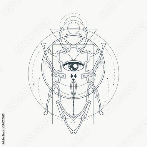 Mystical geometry symbol. Linear alchemy, occult, philosophical sign. For music album cover, poster, sacramental design. Astrology and religion concept. Beetle icon
