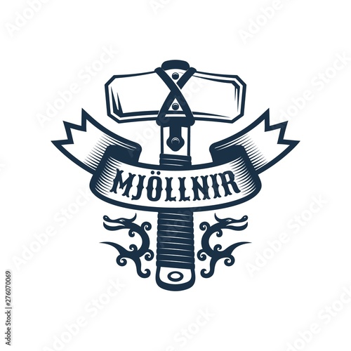 Viking Mjollnir logo. Hammer Thor emblem. Vector retro illustration.
