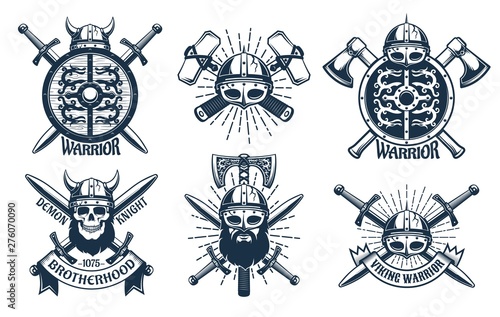 Viking logo set in retro stamp style. Heraldic emblems with warriors and viking weapons. Vector vintage illustration.