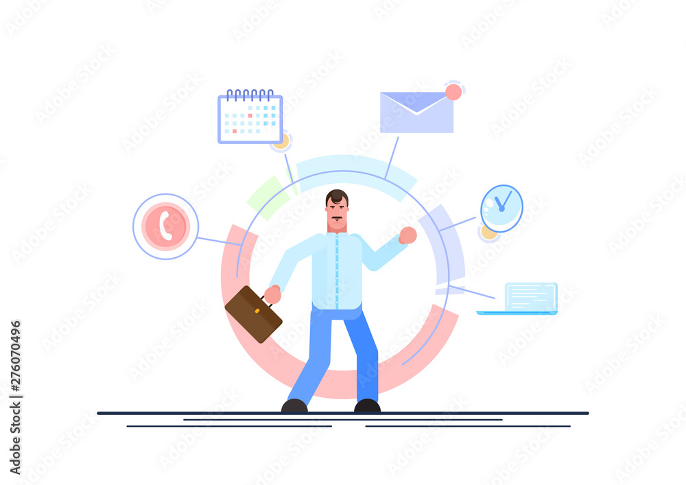 Businessman is standing and holding briefcase with office icons on the background. Multitasking and time management concept. Effective management. Vector illustration. - Vector