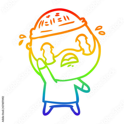 rainbow gradient line drawing cartoon bearded man crying waving goodbye