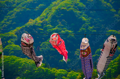 Carp streamers at Ryujin big bridge in Ibaraki daytime sunny photo