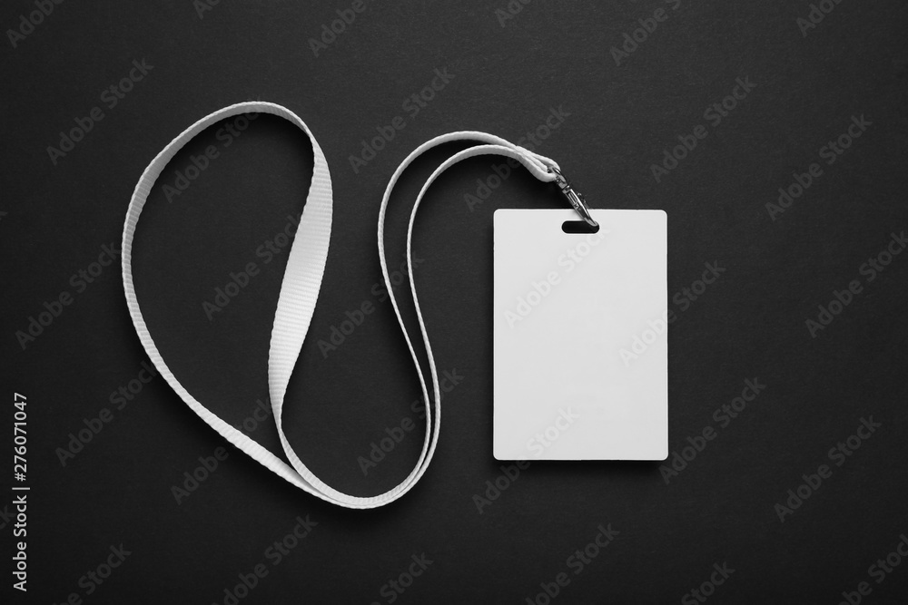 Blank badge mockup. Plain empty name tag mock up hanging on neck with string. - obrazy, fototapety, plakaty 