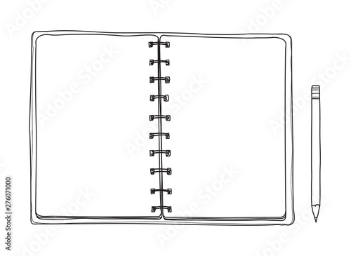 opened notebook hand drawn. Blank notepad on white background. Applicable for sketches line art illustration