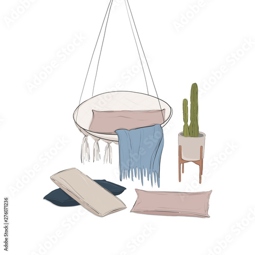 Hand drawn interior advertising sketch. Cozy appartment design with armchair, pillows, cover, plant. Home relax art contemporary illustration. Decor flat sketch