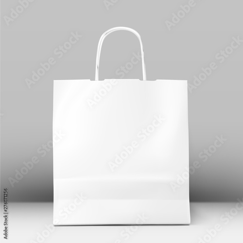 Blank paper shopping bag mockup on grey background. Vector illustration. Ready to use for your design, advertising, branding, promo and etc. EPS10.	