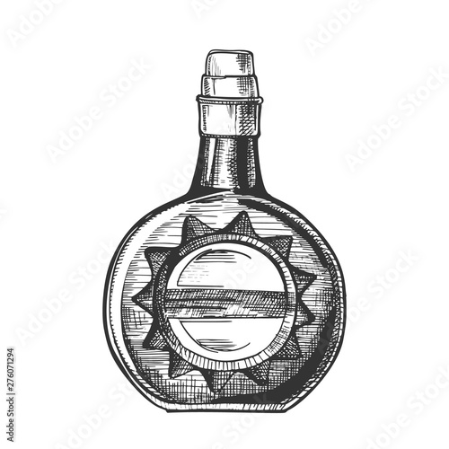 Circle Whisky Bottle With Stylish Cork Cap Vector. Black and White Design Sketch Bottle Of Alcoholic England Beverage. Concept Monochrome Modern Flask With Blank Label in Sun Form Cartoon Illustration