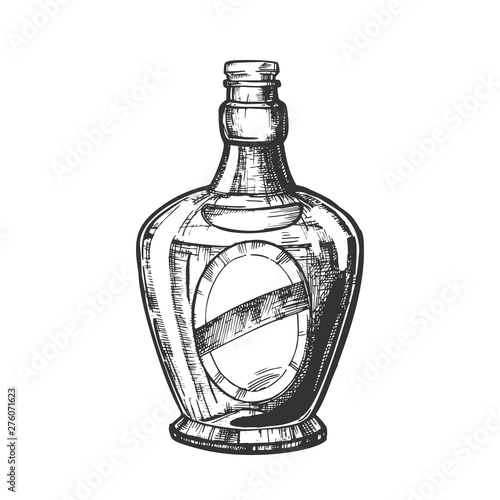 Blown Scotch Bottle With Style Cork Cap Vector. Black and White Hand Drawn Sketch Bottle Of Traditional Alcoholic Beverage. Concept Monochrome Modern Flask With Blank Label Cartoon Illustration