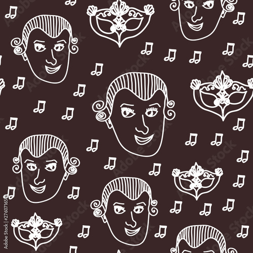 Vector Wolfgang Amadeus Mozart repeating seamless pattern background with Mozart, notes and baroque carnival mask