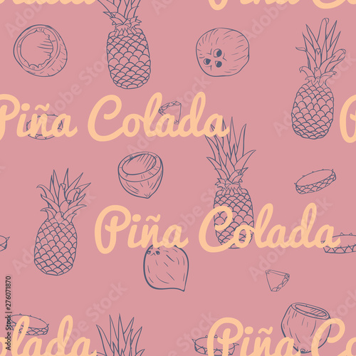 Vector Retro Pina Colada on Dusty Pink seamless pattern design.