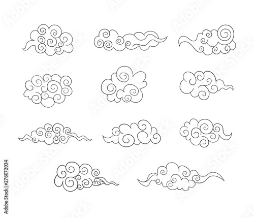 Vector Decorative Elements Set, Tradition Asian Art, Outline Clouds Isolated.