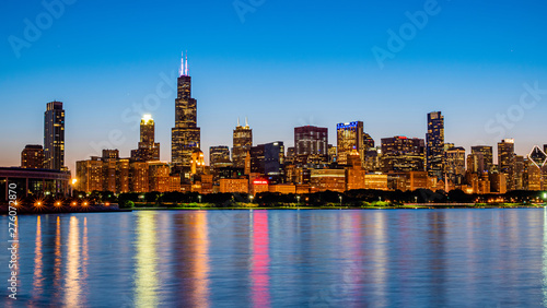 Chicago skyline in the evening from Lake Michigan - CHICAGO, ILLINOIS - JUNE 12, 2019 © 4kclips