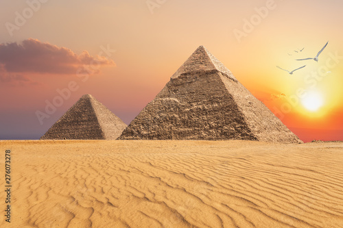 The Pyramid of Chephren and the Pyramid of Cheops  beautiful sunset view of Giza  Egypt