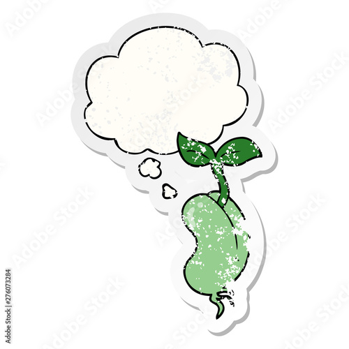 cartoon sprouting seed and thought bubble as a distressed worn sticker