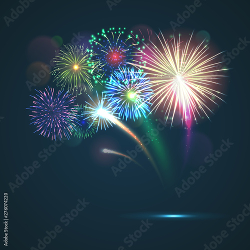 Bursting fireworks template with copyspace against black background. Colorful pyrotechnics show. Realistic fireworks show vector illustration. Celebrating New Year or The Fourth of July Indepence day