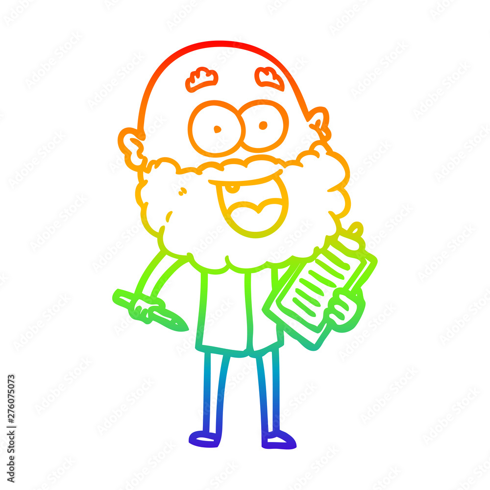 rainbow gradient line drawing cartoon crazy happy man with beard and clip board for notes