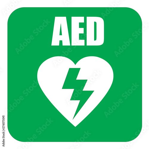 AED,automated external defibrillator / aed sign with heart and electricity symbol flat vector icon