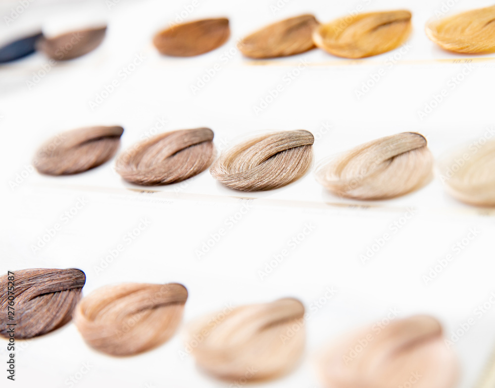Hair palette dyed different colors. Hairstyle wig tints set for beauty industry Hair palette dyed different colors. Hairstyle wig tints set for beauty industry