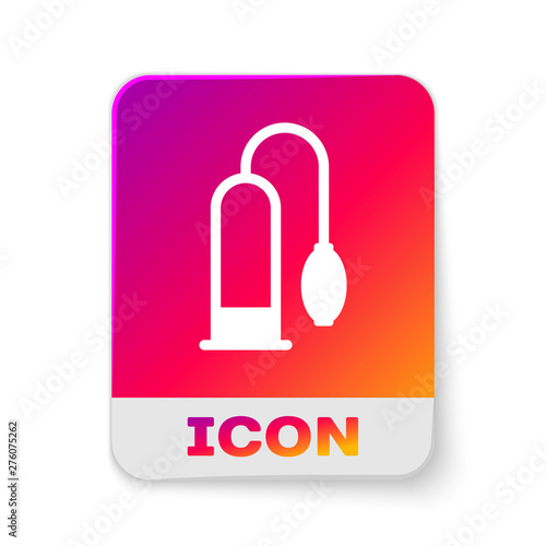 White Penis pump icon isolated on white background. Penis enlarger. Sex toy for men. Vacuum pump with a blower to increase the penis. Rectangle color button. Vector Illustration
