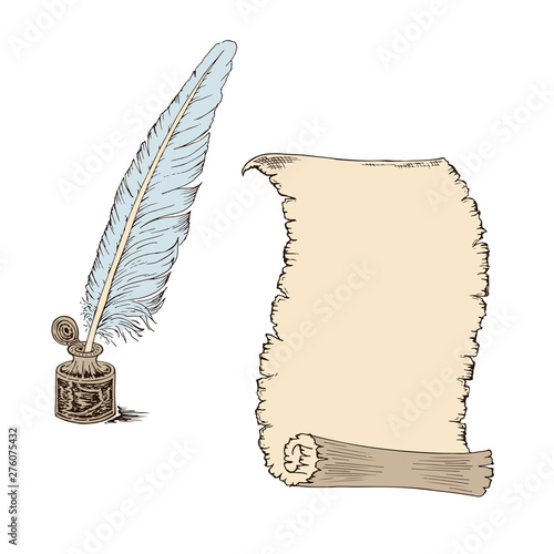 Goose feather and inkwell engraving in retro style. Vintage sheet of paper scroll sketch. Hand drawn vector illustration