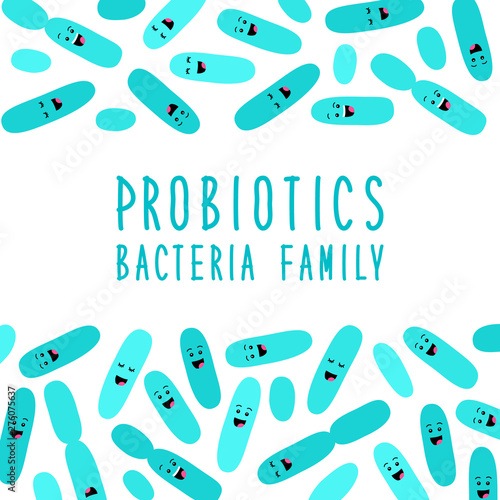 Funny probiotics bacteria family background isolated on white, gut and intestinal flora, set in flat style