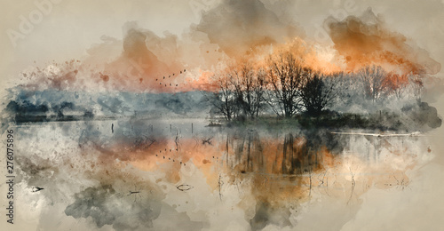 Digital watercolor painting of Landscape of lake in mist with sun glow at sunrise © veneratio
