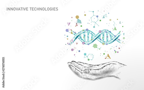 Hand DNA gene therapy concept. Medical consultation app. Web healthcare diagnosis geometric modern hospital network banner. Drugstore market background low poly