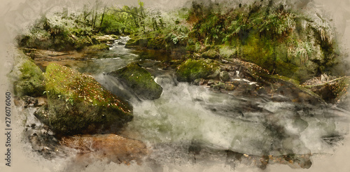 Watercolor painting of Beautiful landscape of river flowing through lush forest Golitha Falls in England