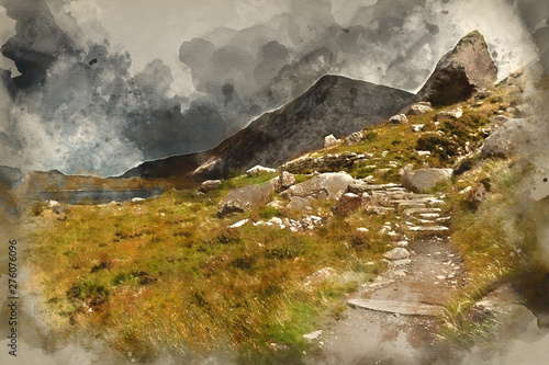 Watercolor painting of Landscape over Llyn Idwal towards Pen-yr-Ole-Wen in Snowdonia National Park photo