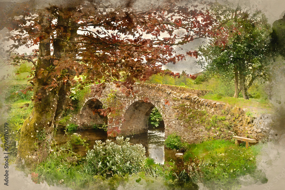 Watercolor painting of Landscape image of medieval bridge in river setting in English countryside