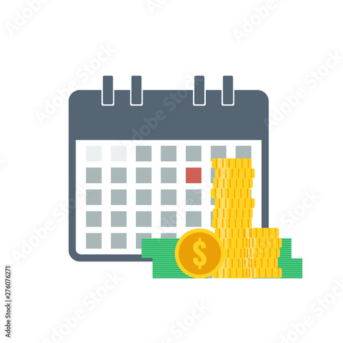 Calendar grid with coins and banknotes. Pay day flat vector illustration. Icon isolated on white.