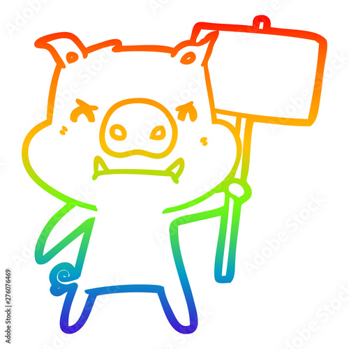 rainbow gradient line drawing angry cartoon pig protesting