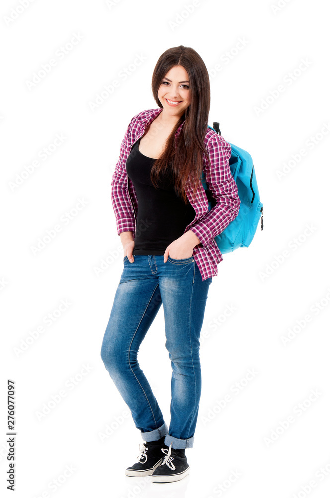 Full length portrait of beautiful student girl with backpack. Teen girl isolated on white background Full length portrait of beautiful student girl with backpack. Teen girl isolated on white background