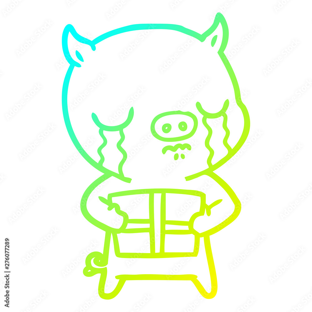 cold gradient line drawing cartoon pig crying over christmas present cold gradient line drawing cartoon pig crying over christmas present