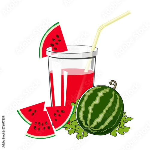 Glass of Fresh Berry Fruit Juice of Watermelon and a Straw Isolated on White Background , Summer Refreshing Drink with Watermelon Slices, Vector Illustration