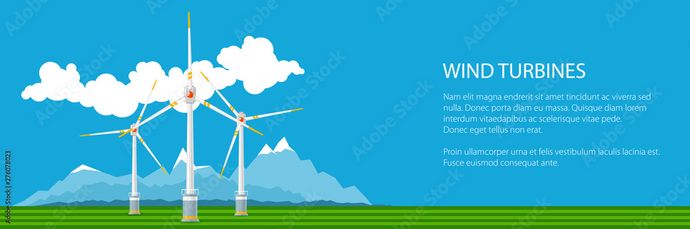 Banner with Horizontal Axis Wind Turbines on a Background of Mountains ...