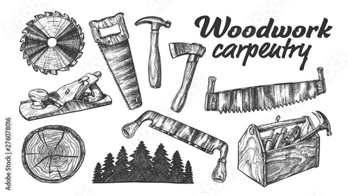 Woodwork Carpentry Collection Equipment Set Vector. Hand Saw And Circular Blade, Wooden Slab And Forest, Tree Cross Section And Planer Tool, Hammer And Ax Carpentry Tools. Cartoon Illustration