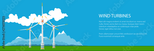 Banner with Horizontal Axis Wind Turbines on a Background of Mountains, Modern Low-Wind Turbine, Vector Illustration