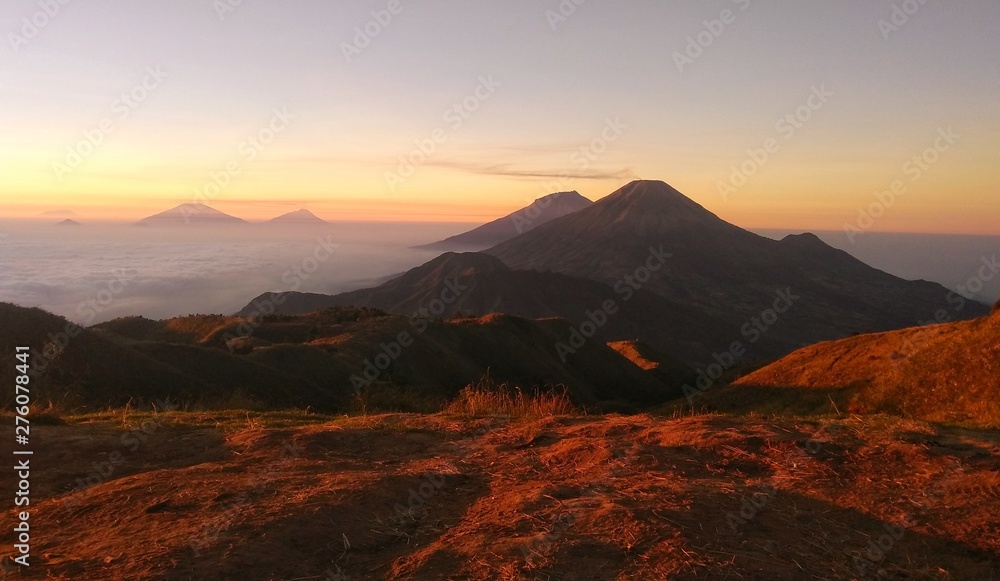 the beautifull golden sunrise at prau mountain, is one of the best sunrise on the mountain in Asia