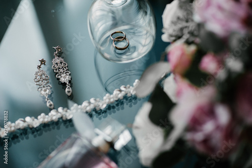 Women's accessories bride. Handbag, shoes, rings, bridal perfume
