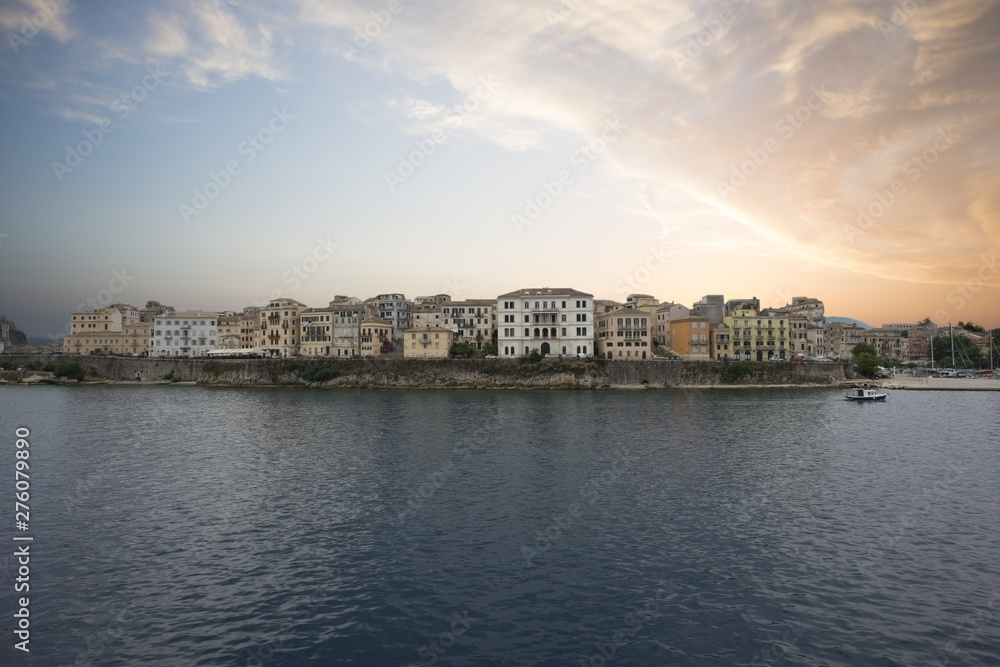 Corfu town at sunset, beautiful landscape from the sea