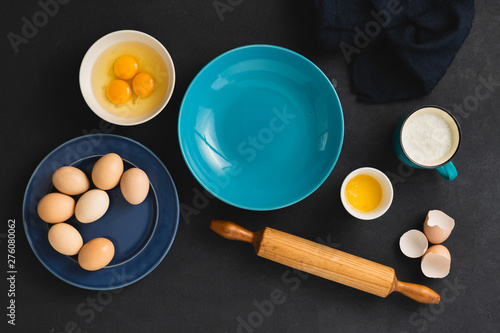 Dough ingredients on a white background top view