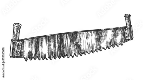 Old Model Of Two-handed Saw For Sawing Logs Vector. Double Handle Saw For Two Wooden Worker With Sharp Teeth Blade. Industrial Cutting Instrument Drawn In Vintage Style Cartoon Illustration