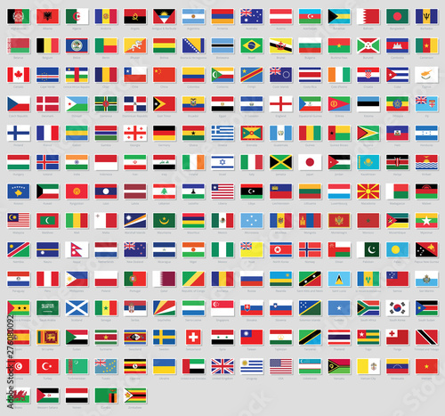 All national flags of the world stickers with names. Stickers flags. High quality vector flag isolated on gray background