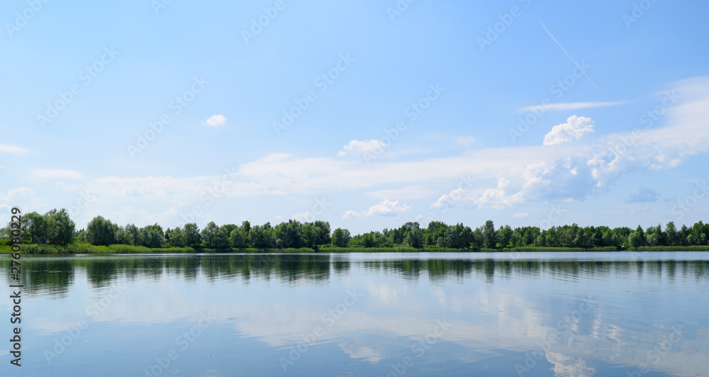 Beautiful view of the lake in nature. Summer landscape.