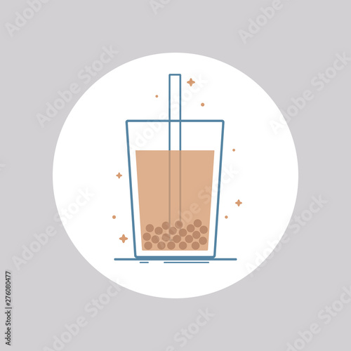 Vector icon of bubble tea glass with straw. Isolated in circle. Flat design.