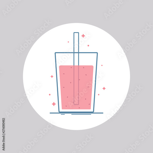 Vector icon of glass with smoothie, milk shake, fresh. Isolated in circle. Flat design. Pink colors.