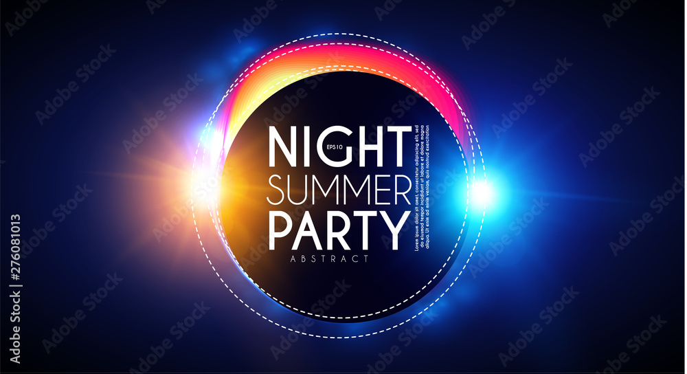 Tropic night summer party banner. Palms leaves with light effects.