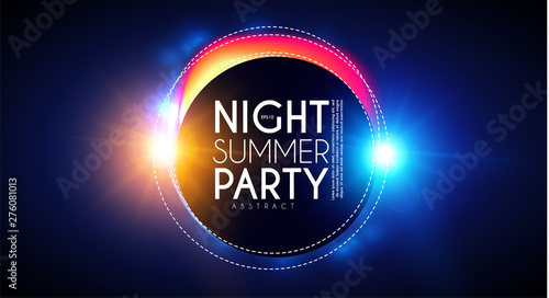 Tropic night summer party banner. Palms leaves with light effects.
