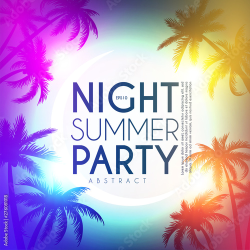 Tropic night summer party design template. Palms on a beach with light effects.